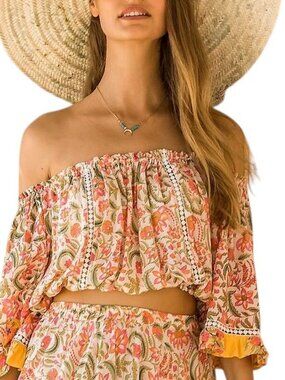 Miss June Paris Ivy Cropped Off Shoulder Floral Top Boho Festival